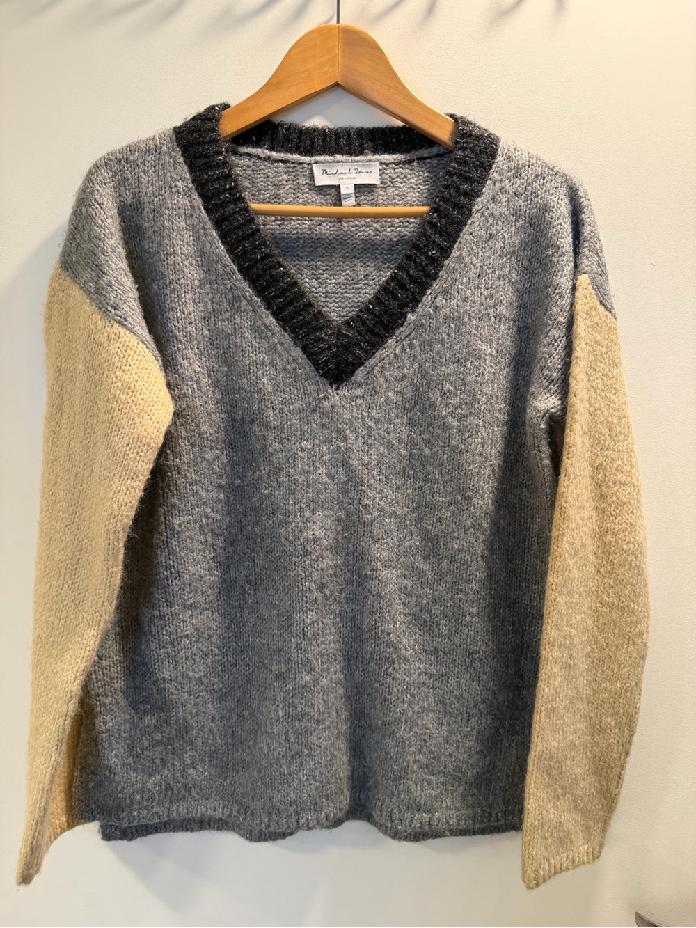 Michael Stars Gray V-Neck Sweater with Cream Sleeves